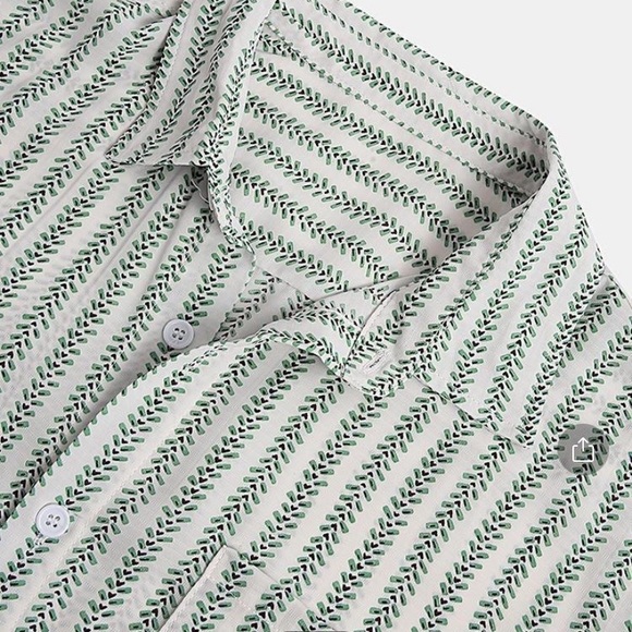 Men's Green and White Casual Button-Down Shirt - Picture 3 of 6